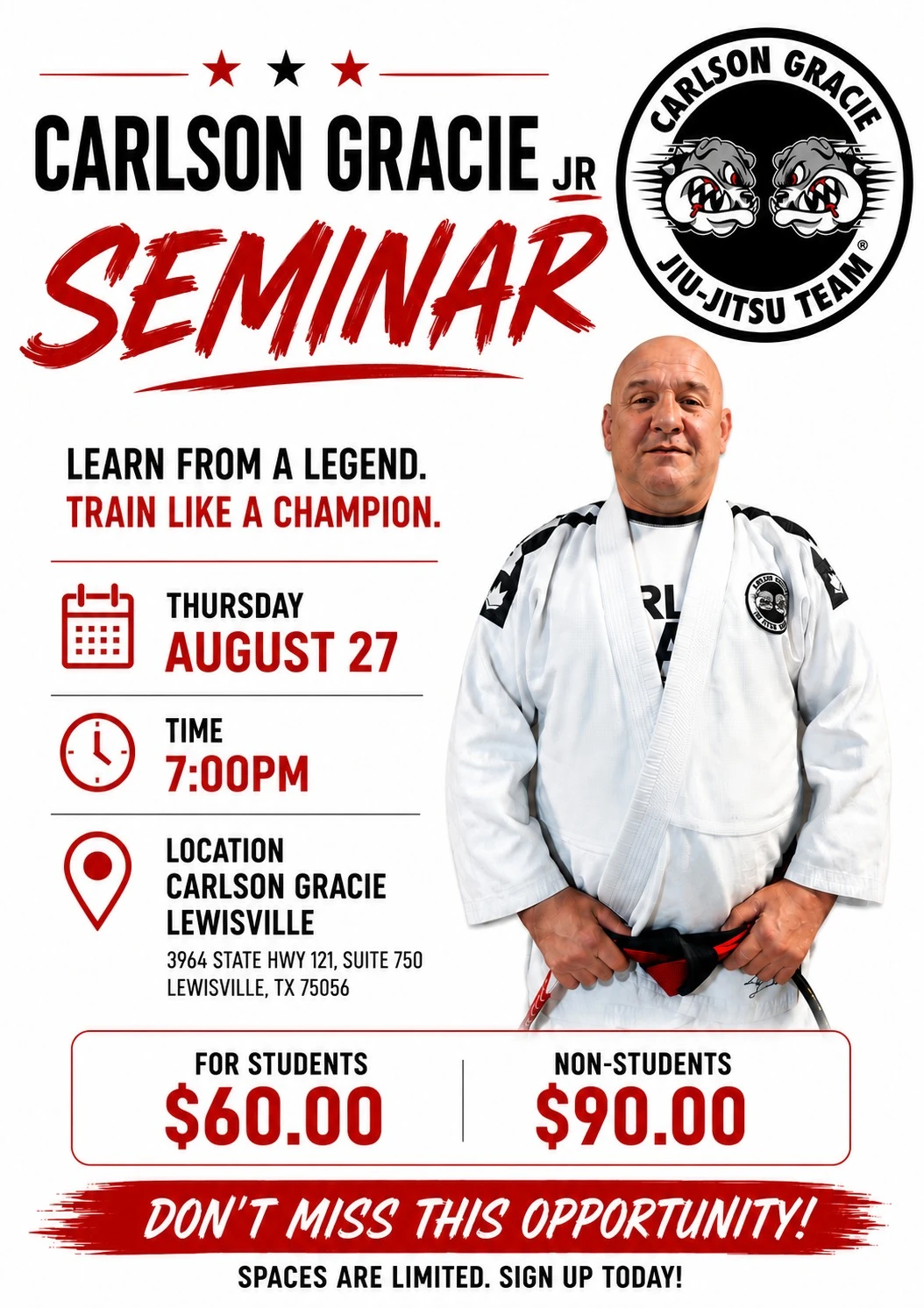 Carlson Gracie Jr. seminar poster with date, time, location and pricing